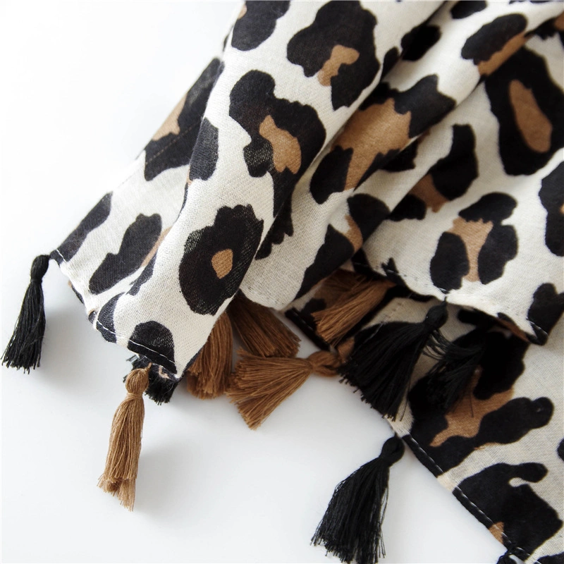 Female Autumn Winter Classic Leopard Print Animal Pattern Shawl Tassel Hijab Scarf