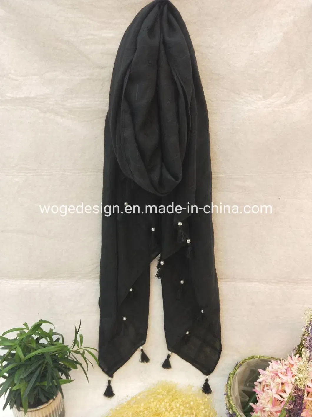 Distinctive Ladies Neckwear Coverchief Khimar Shawl Jacquard Checked Tassels Cotton Viscose Weave Pearl Scarf