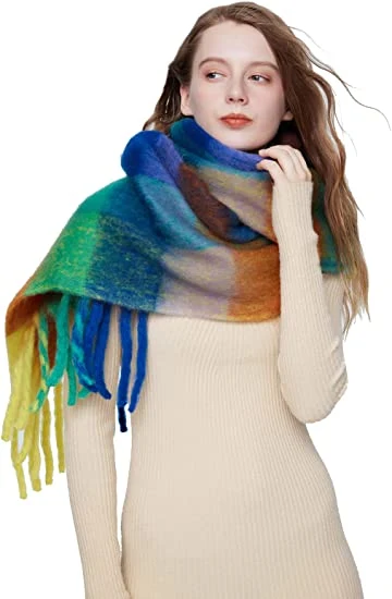 Women&prime; S Cashmere Big Coloured Checked Scarf Winter Warm Wrap Scarf