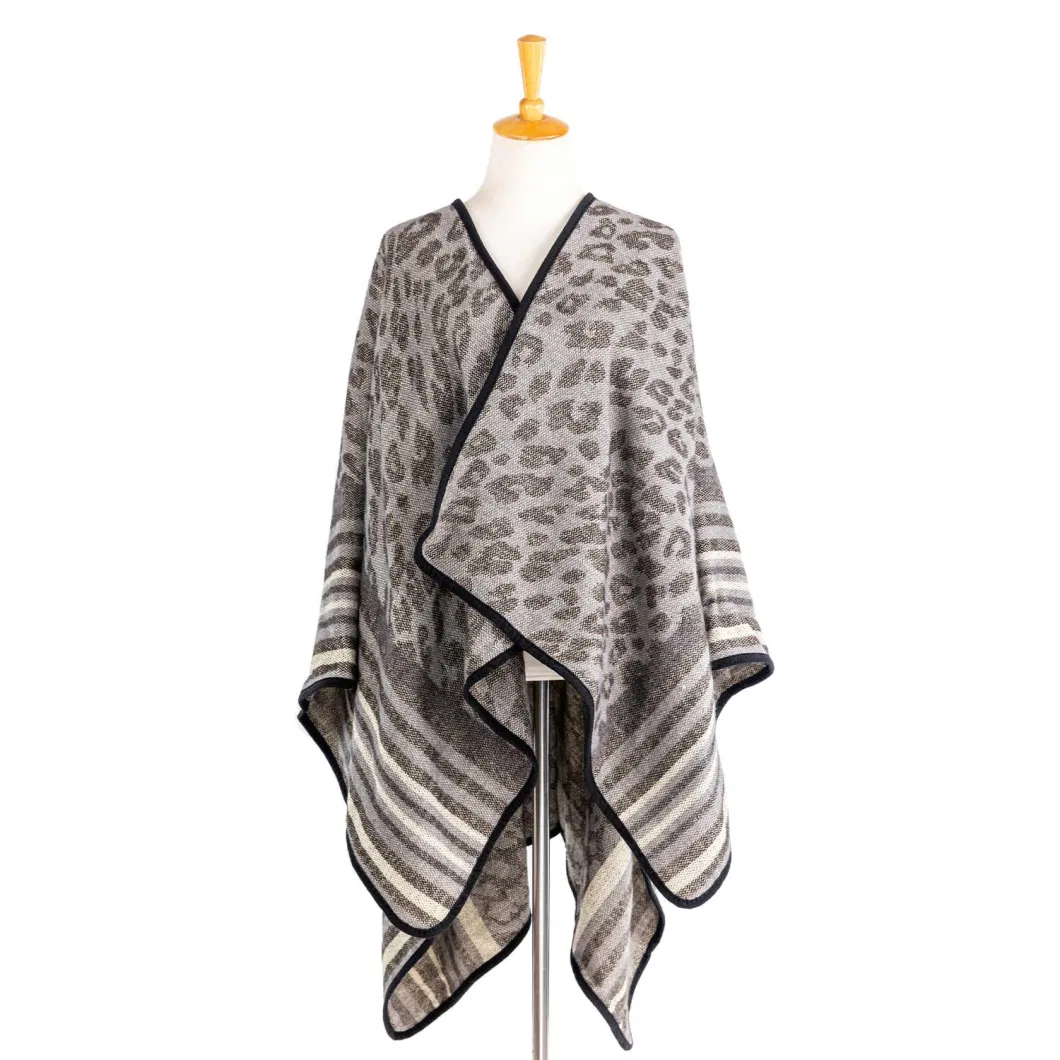 Apparel Women Grey Winter Knitted Reversible Front Open Oversized Elegant Leopard Cheetah Dots Striped Sweater Cardigan Lined Blanket Cape Pallium Poncho