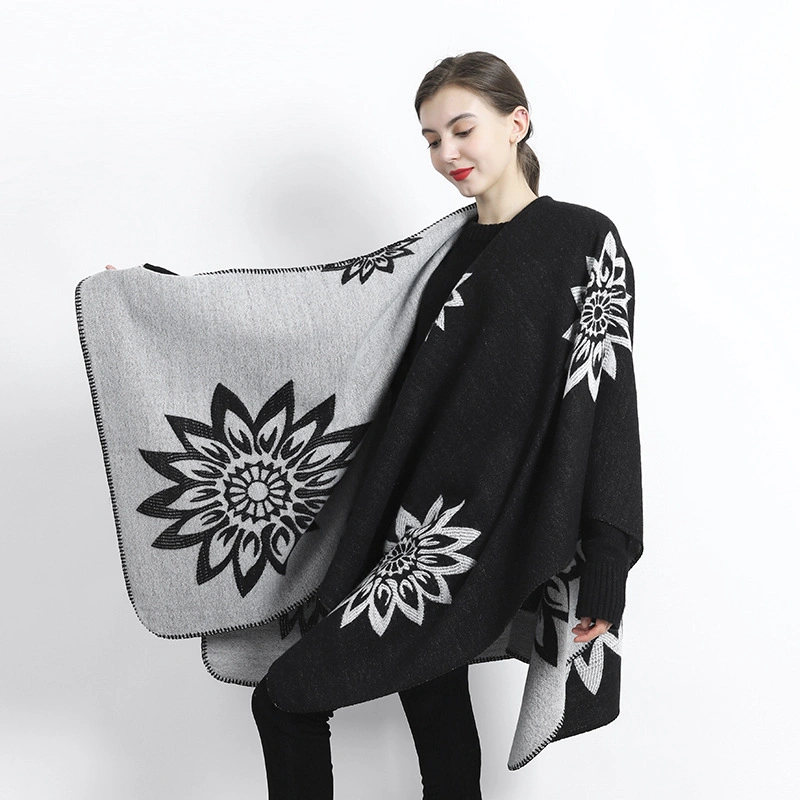 Winter Soft Floral Flower Scarf Shawls Warm Jacquard Poncho Split Women Cape