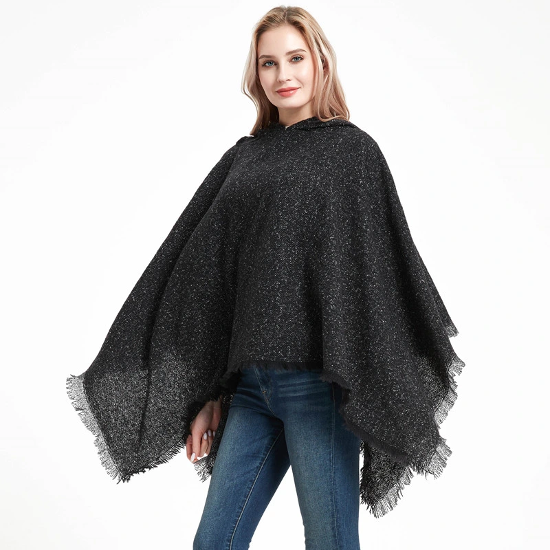 Winter Woman Hooded Shawl Wrap Poncho with Solid Color