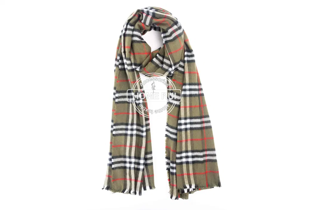 Fashion Accessory Men Winter Olive White Acrylic Woven Fringe Plain Plaid Grid Checks Brushed Long Scarf