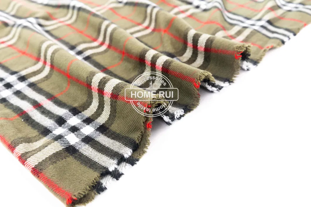 Fashion Accessory Men Winter Olive White Acrylic Woven Fringe Plain Plaid Grid Checks Brushed Long Scarf