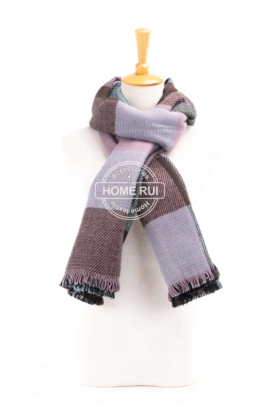 Fashion Accessory Unisex Men Women Winter Purple Brown Light Blue Mixed Acrylic Brushed Woven Fringe Double Sides Reversable Grid Checks Design Long Scarf