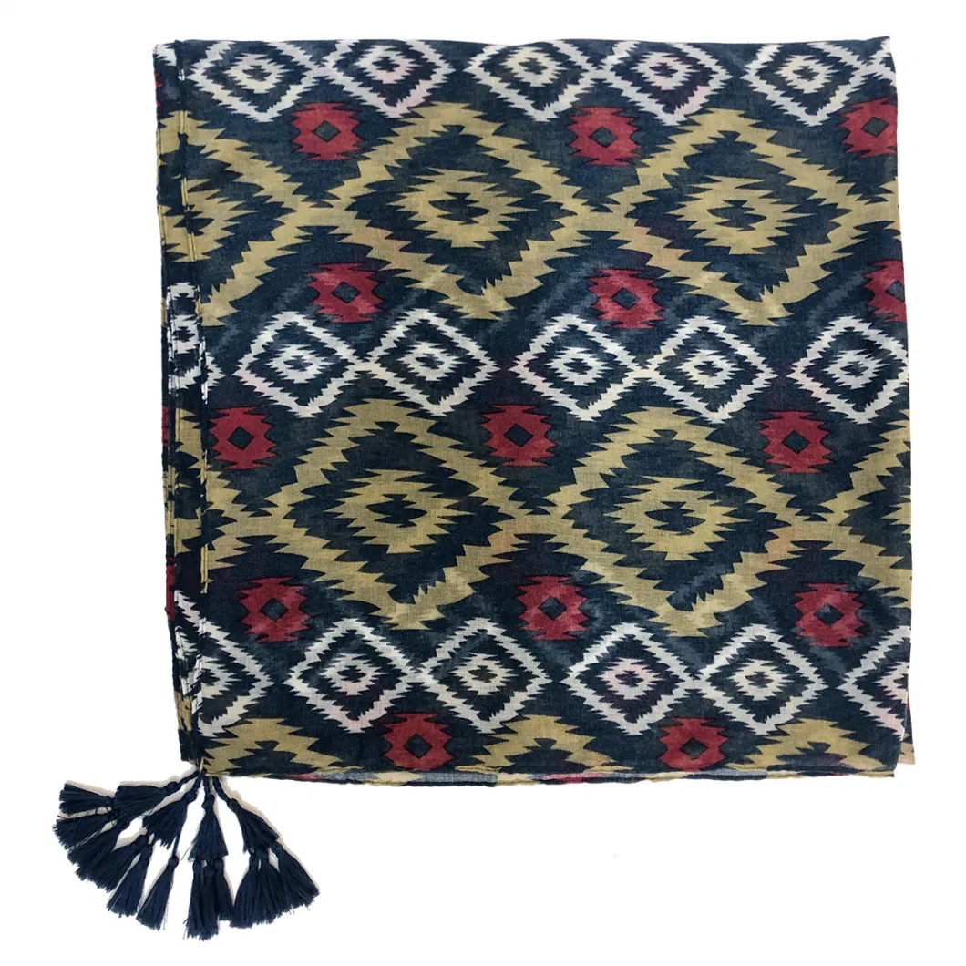 Women&prime;s Geo Leaves Mix Print Scarf with Tassel