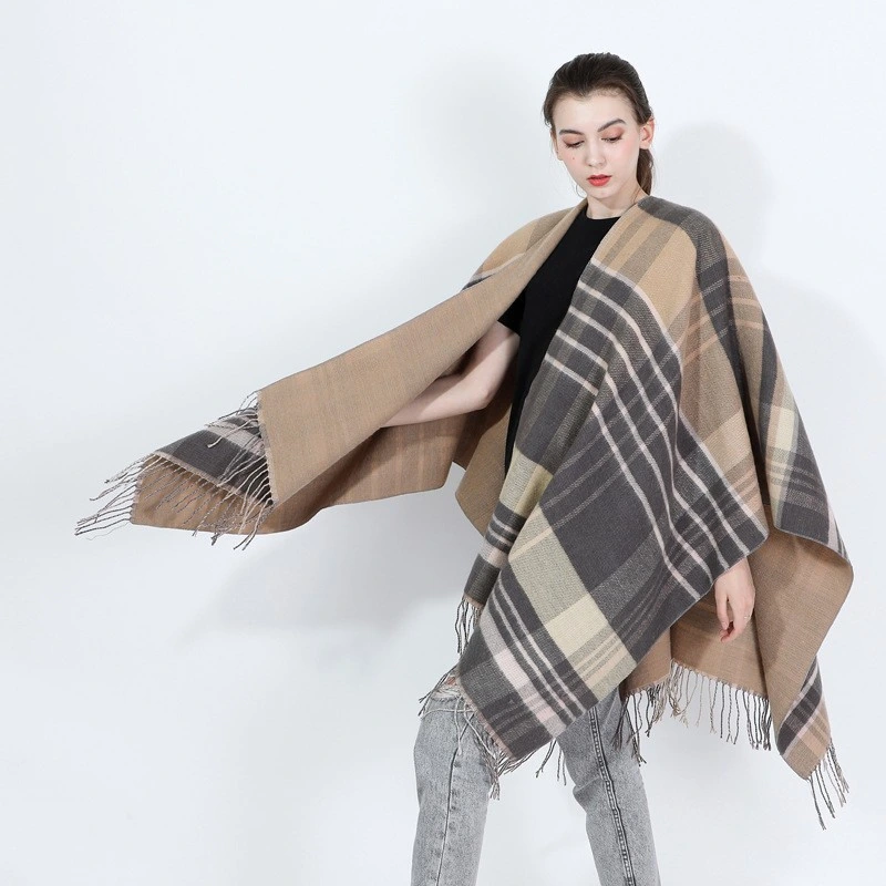 Classic Shawl Scarf Striped Plaid Winter Thick Blanket Cape Tassel Women Poncho