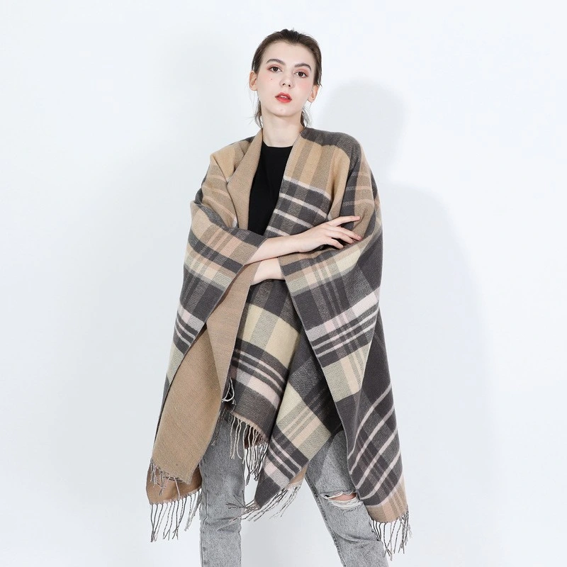 Classic Shawl Scarf Striped Plaid Winter Thick Blanket Cape Tassel Women Poncho