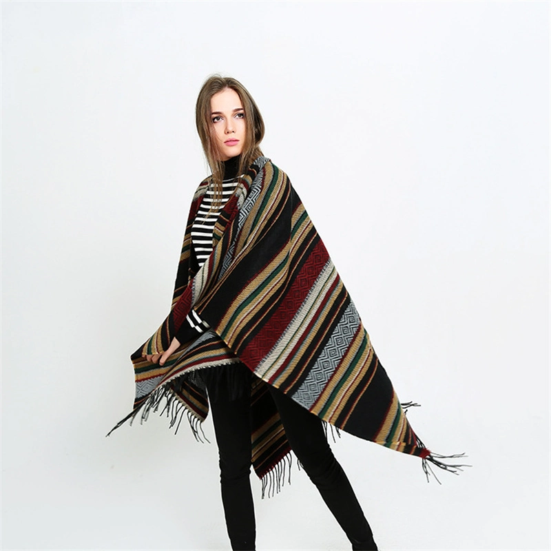 Women&prime; S Stripe Ponchos Cashmere Acrylic Thermal Female Capes Insulation Air Conditioning Shawls Sunshade Cloaks