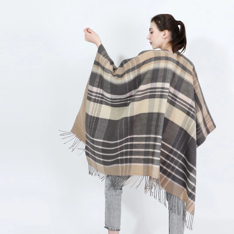 Classic Shawl Scarf Striped Plaid Winter Thick Blanket Cape Tassel Women Poncho