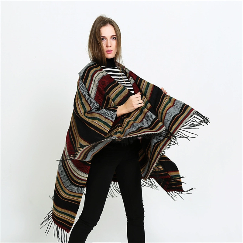 Women&prime; S Stripe Ponchos Cashmere Acrylic Thermal Female Capes Insulation Air Conditioning Shawls Sunshade Cloaks