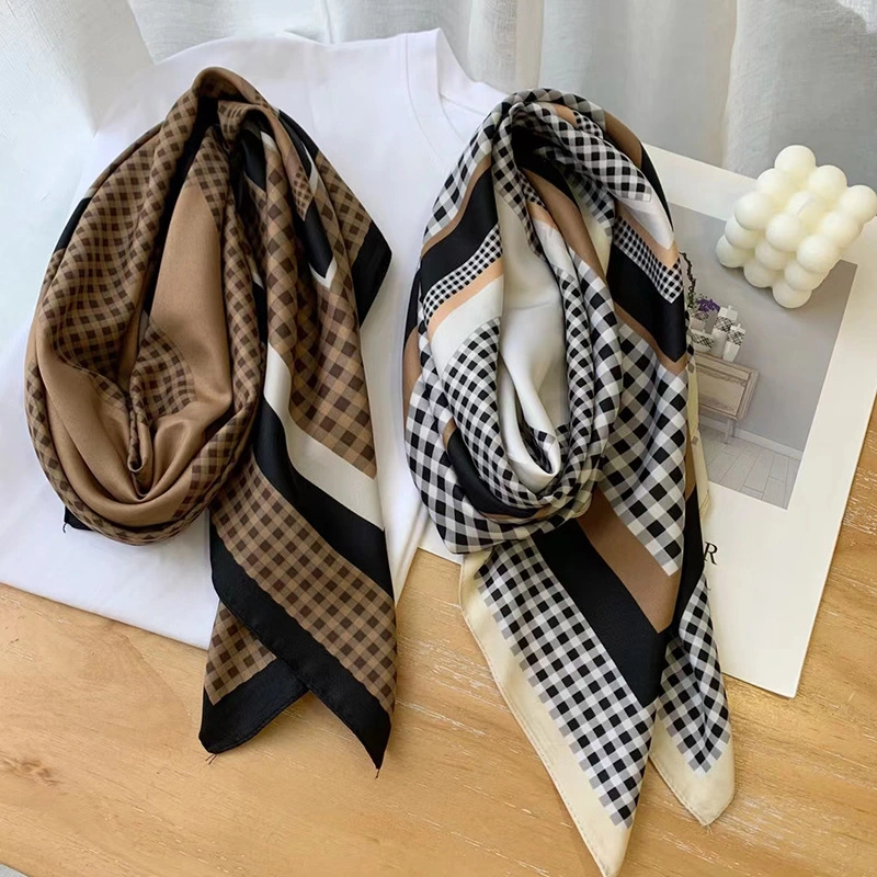 Women New Spring Fashion Large French Checked Daily Square Silk Scarf