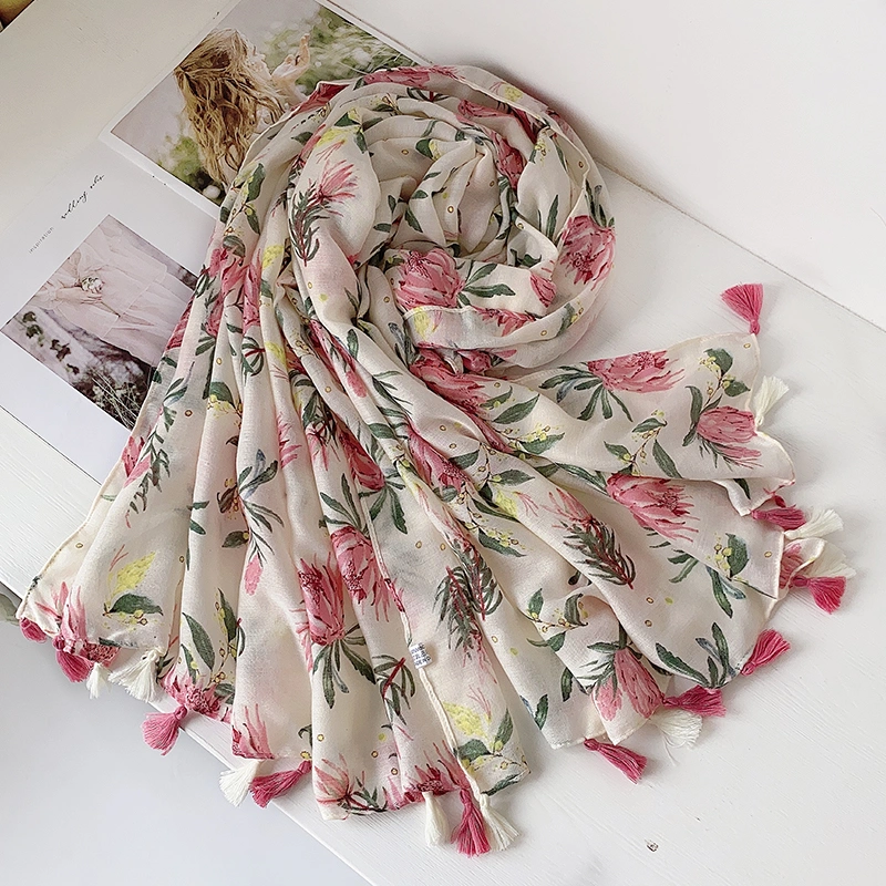 Sunscreen Woman&prime;s Colourful Flowers Beach Towel Long Poly-Silk Shawl Cotton Linen Scarf