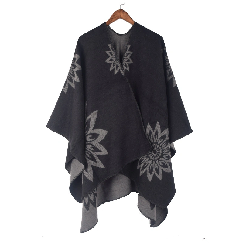 Winter Soft Floral Flower Scarf Shawls Warm Jacquard Poncho Split Women Cape