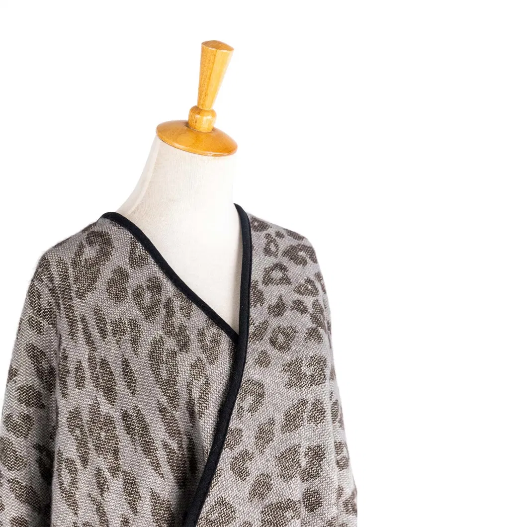 Apparel Women Grey Winter Knitted Reversible Front Open Oversized Elegant Leopard Cheetah Dots Striped Sweater Cardigan Lined Blanket Cape Pallium Poncho