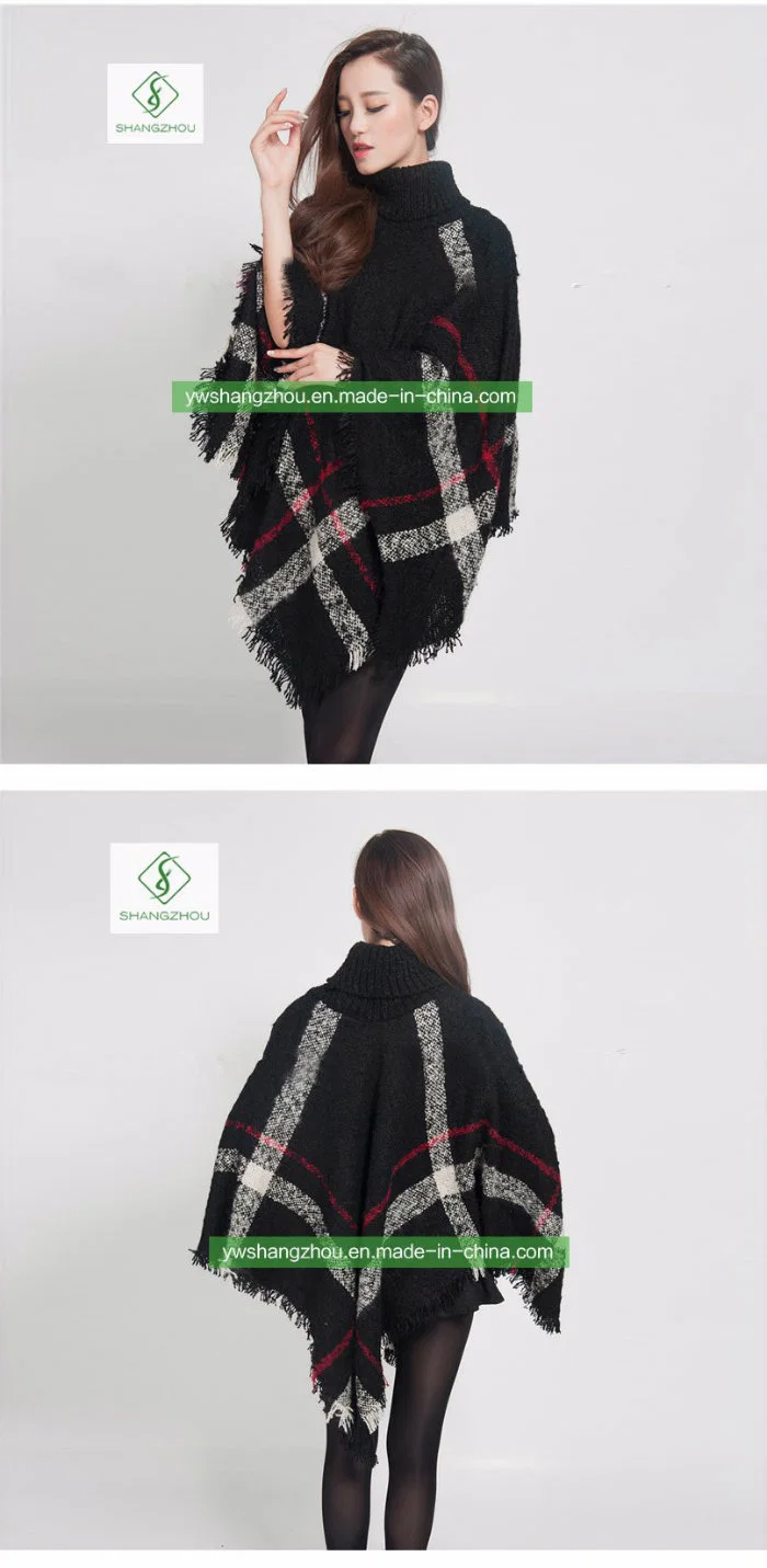 Europe High-Quality Winter Plaid Thick Shawl Fashion Women Turtleneck Cloak
