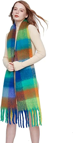 Women&prime; S Cashmere Big Coloured Checked Scarf Winter Warm Wrap Scarf