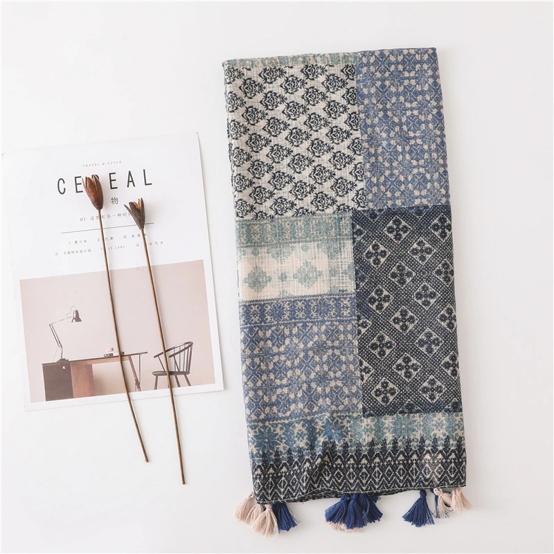 Wholesale Fashion Style Spring Autumn All-Match Custom Simple Elegant Plaid Literary Retro Cotton Linen Handmade Tassel Silk Lady Scarf