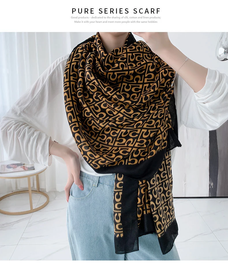 Women Fashion Scarves Big Brand Design Print Lady Poly Silk Shawl Cotton Stole Scarf for Girls with Letter Stripes