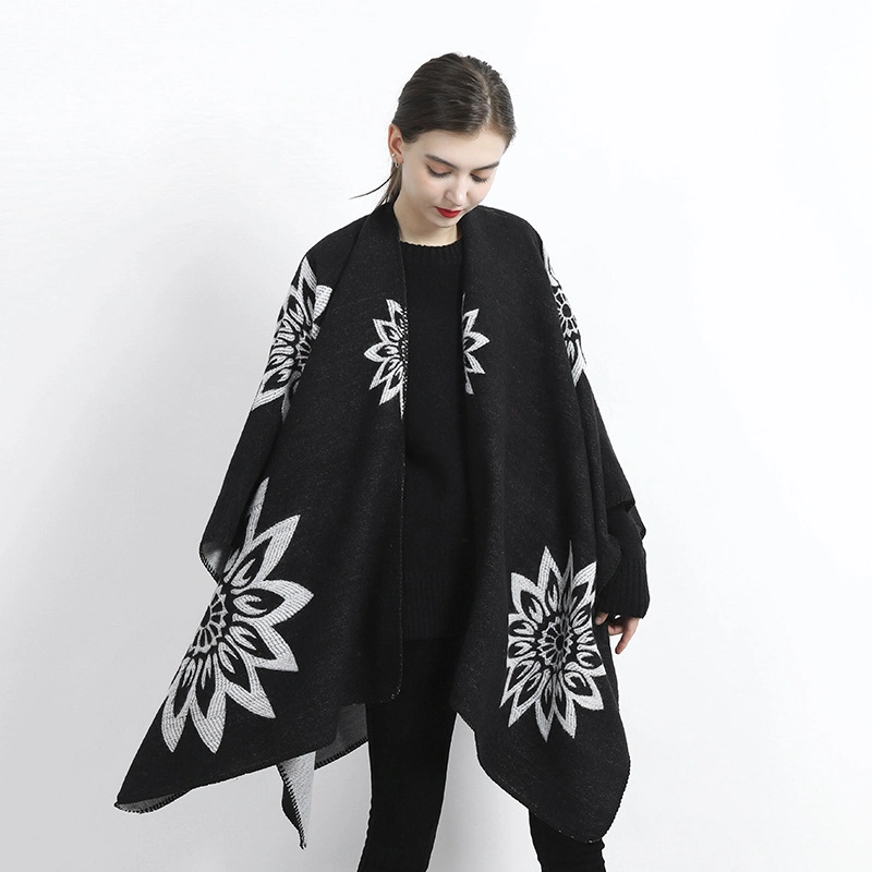 Winter Soft Floral Flower Scarf Shawls Warm Jacquard Poncho Split Women Cape