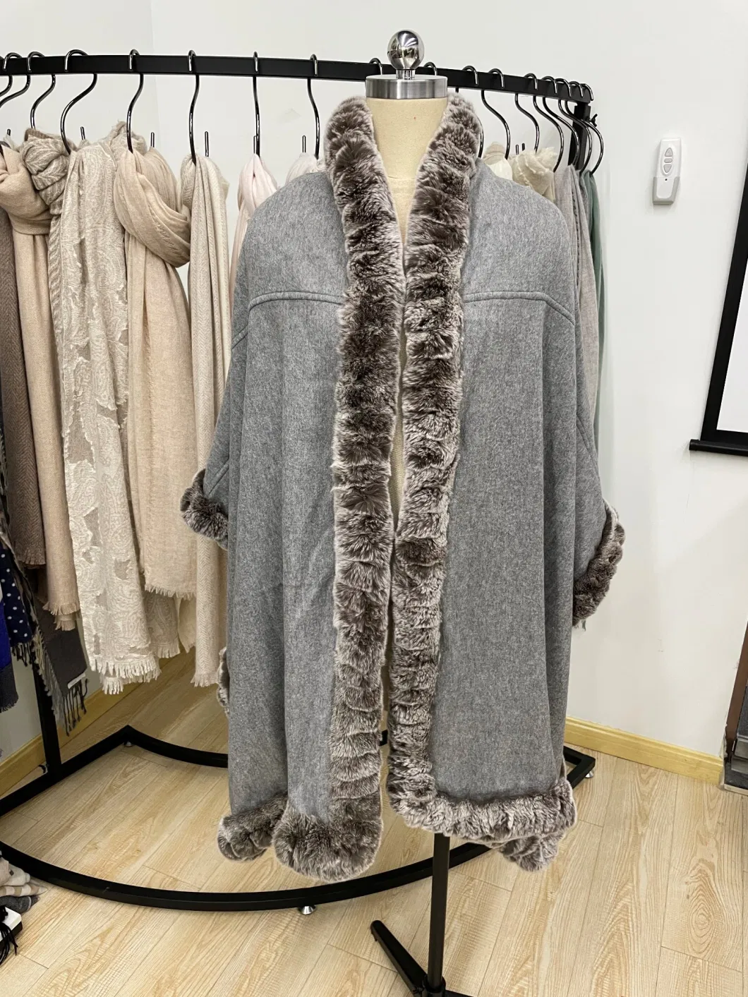 Luxe 100% Cashmere Blanket Cape with Fake Otter Rabbit Fur