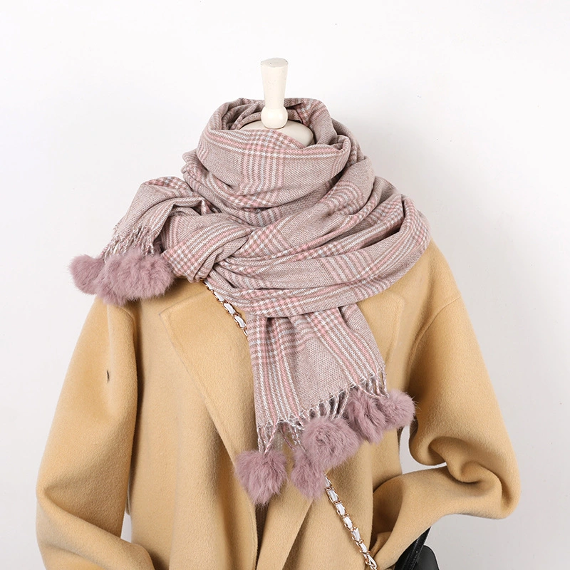 Check Thick Faux Fur Pompom Scarf POM POM Cashmere Stole