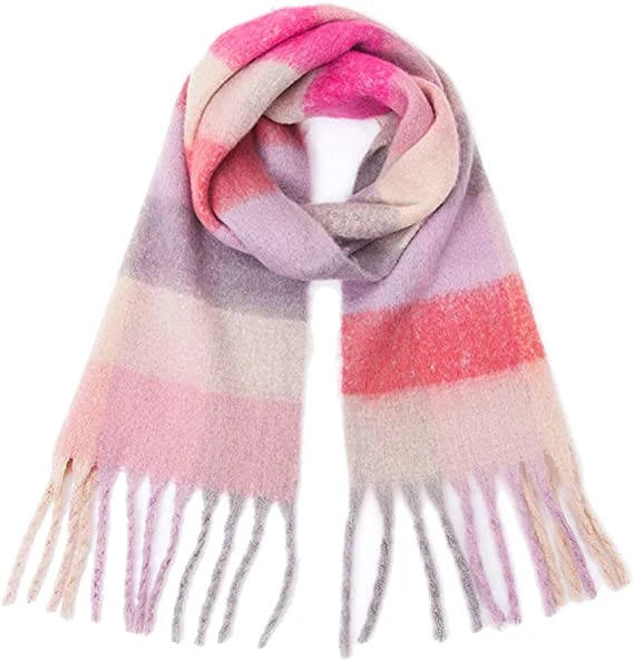 Big Women&prime; S Cashmere Coloured Checked Warm Wrap Pink Scarf