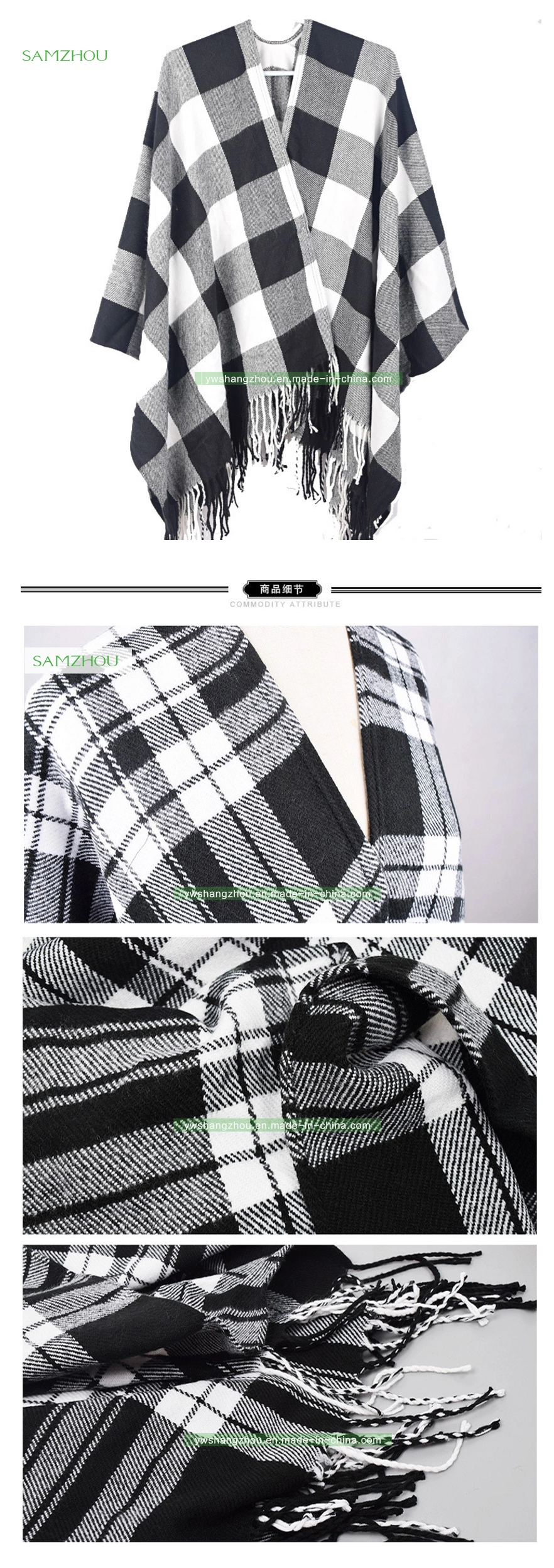 Western Slit Plaid Cape Fashion Scarf Lady Cashmere Shawl Winter