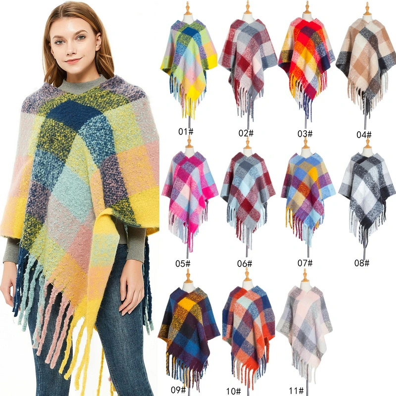 High Quality Checked Poncho Wrap Shawl for Women