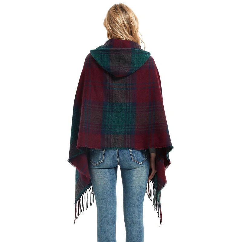 Winter Plaid Ladies Hooded Poncho Cape with Horn Button