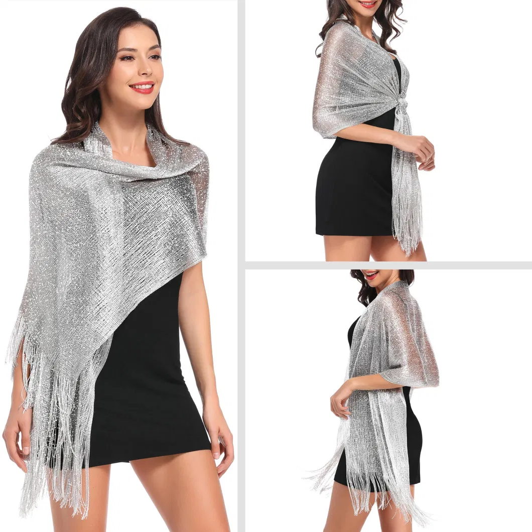 Glittering Sliver Grey Metallic Shawl Scarf and Wraps for Evening Patry Dresses