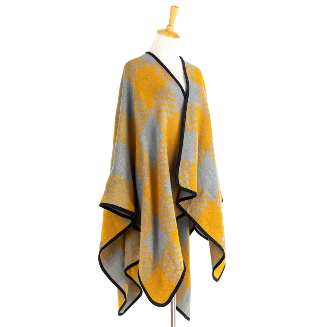 Outerwear Woman Mustard Warm Apparel Oversize Double Sides Grey Block Front Open Lattice Tartan Grids Dots Square Art Casual Shawl Sweaters Cape Pallium Poncho