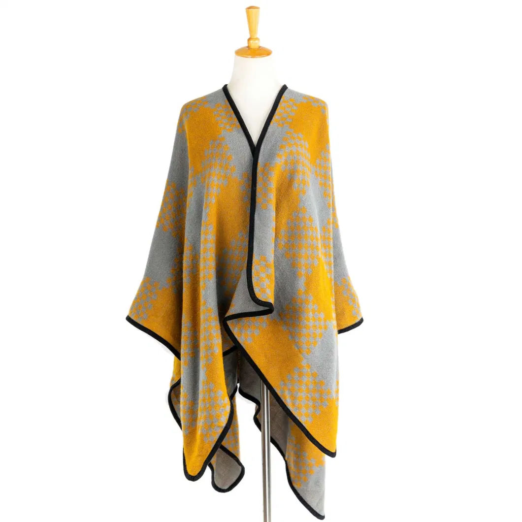 Outerwear Woman Mustard Warm Apparel Oversize Double Sides Grey Block Front Open Lattice Tartan Grids Dots Square Art Casual Shawl Sweaters Cape Pallium Poncho