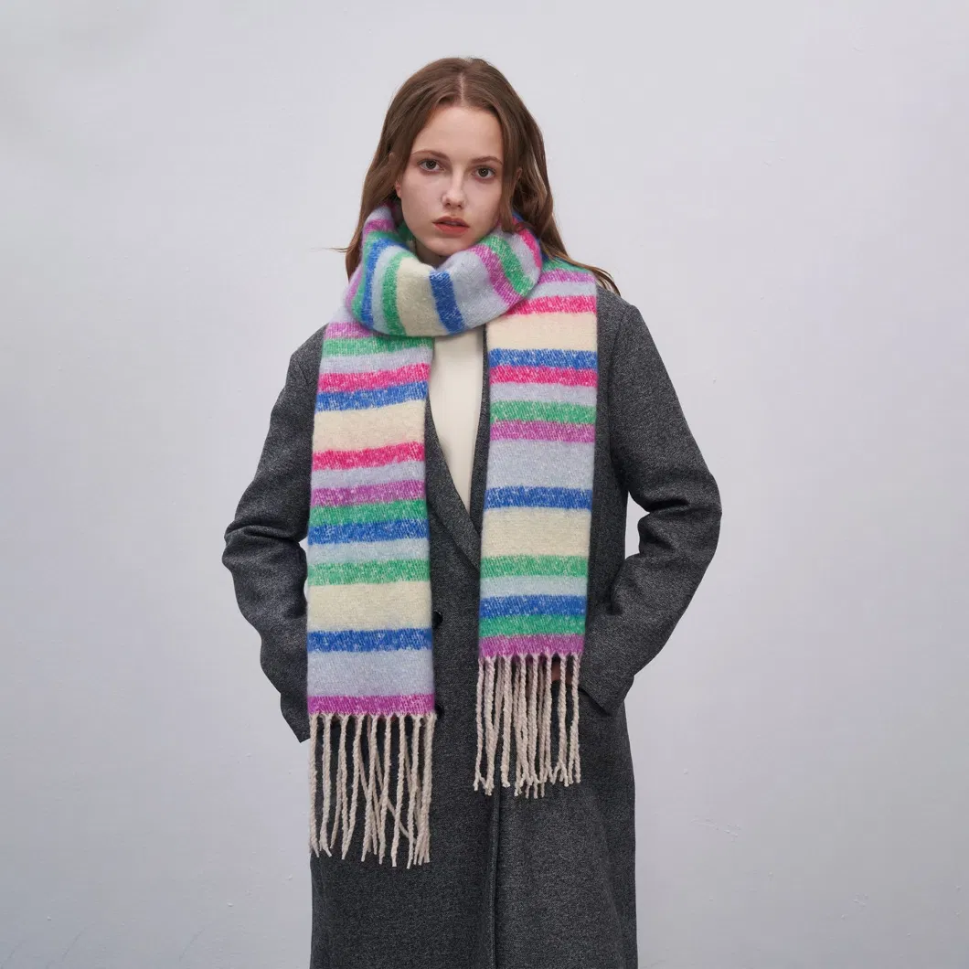 Faux Cashmere Multi-Color Striped Tassel Plaid Scarf Warm Versatile Neck Shawl Female Winter