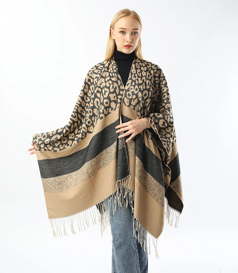 Winter Blanket Cape Women Poncho Striped Cape Shawls Knitted Leopard Shawl