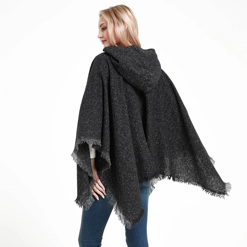 Winter Woman Hooded Shawl Wrap Poncho with Solid Color