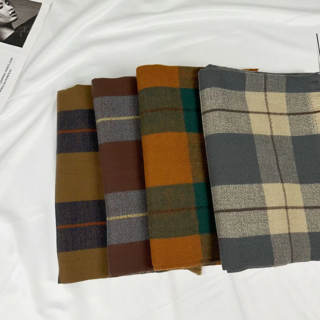 Winter Big Checked Warm Knitted Cashmere Women Colorful Wool Scarves
