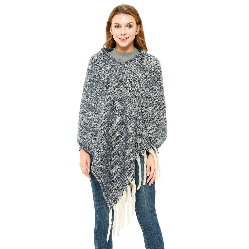 Hot Sale Women Solid Color Poncho Cape Shawl with Tassel