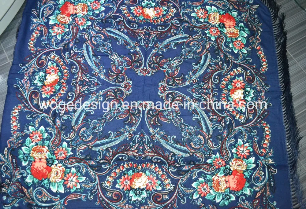 Fashion Yiwu Manufacturer Scarves Headscarf Cotton Polyester Fabric Square 110*110cm Print Floral Ukrainian Shawl