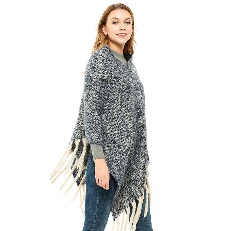 Hot Sale Women Solid Color Poncho Cape Shawl with Tassel