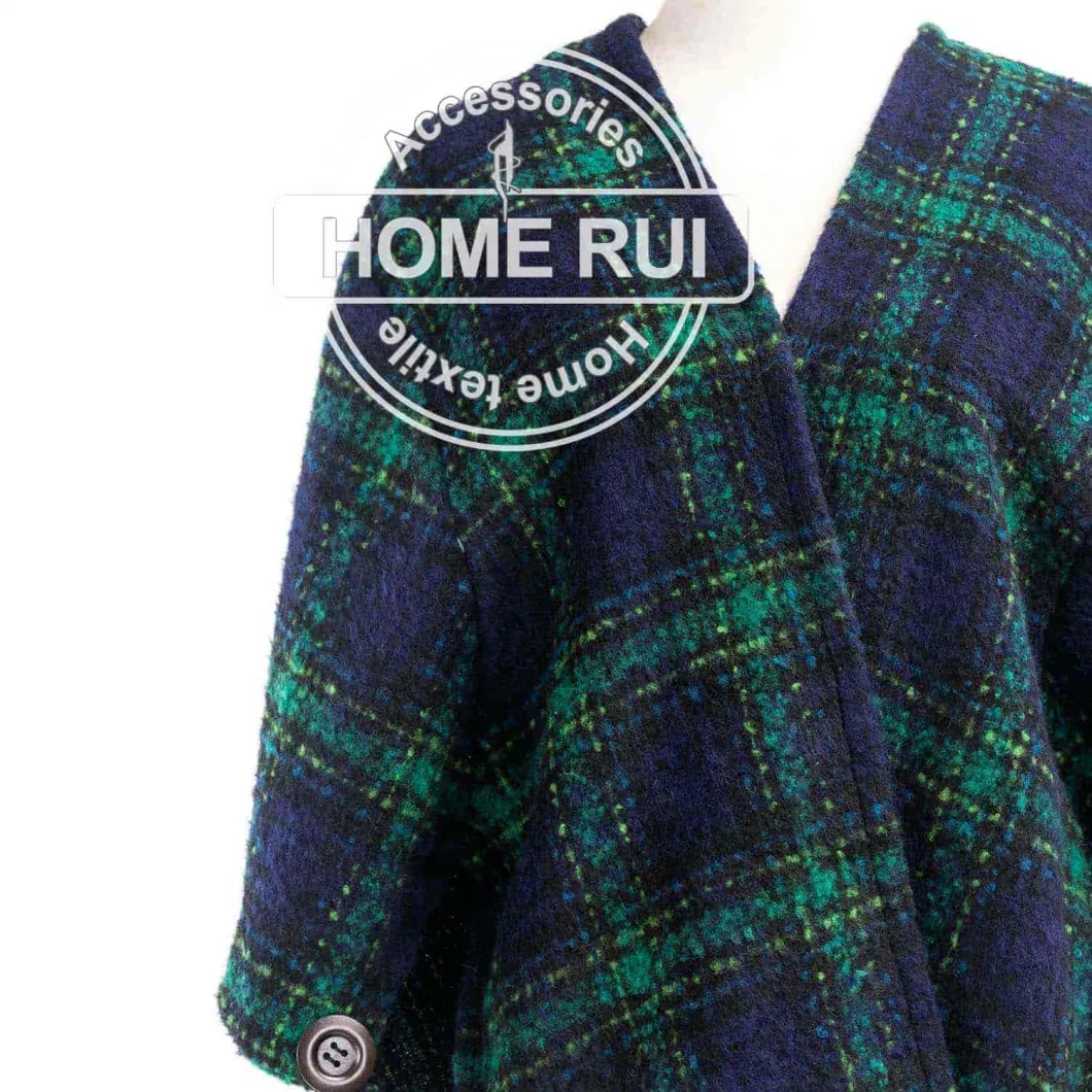 Home Rui supplier Outerwear Spring Autumn Woman Warmth Apparel Accessory Boucle Green Oversize Wraps Thick Lattice Tartan Grids Cardigan Shawl Cape Cloak