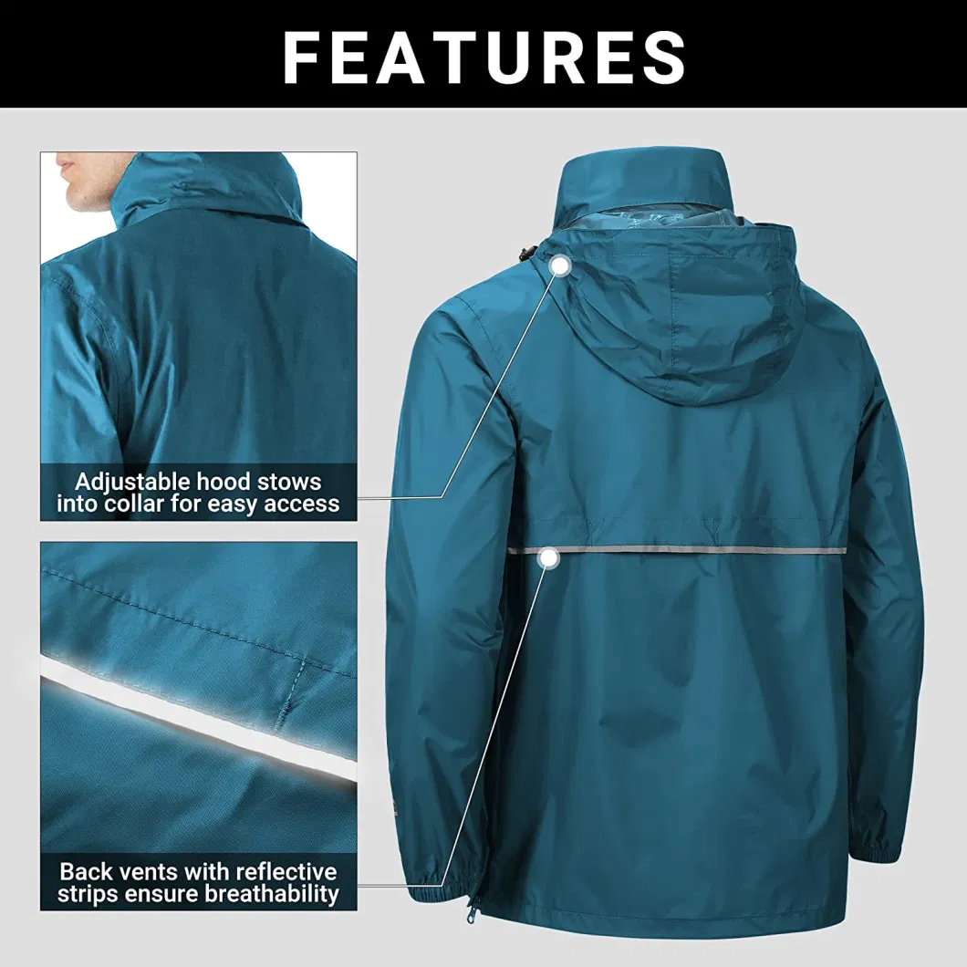 Men&prime; S Pullover Rain Jacket Packable Hooded Waterproof Cycling Running Reflective Raincoats