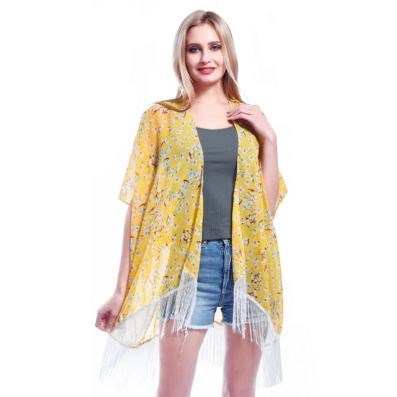 Lady Fashion Summer Sheer Poncho Cape Shawl with Tassel