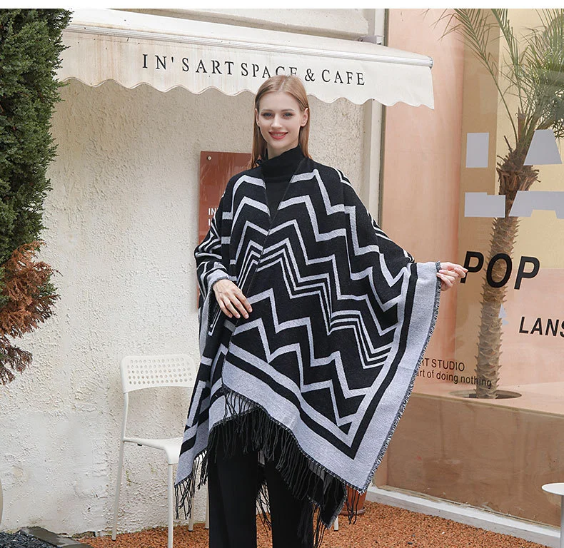Latest Design Women Acrylic Knit Striped Pattern Cardigan Winter Cape Shawl Poncho