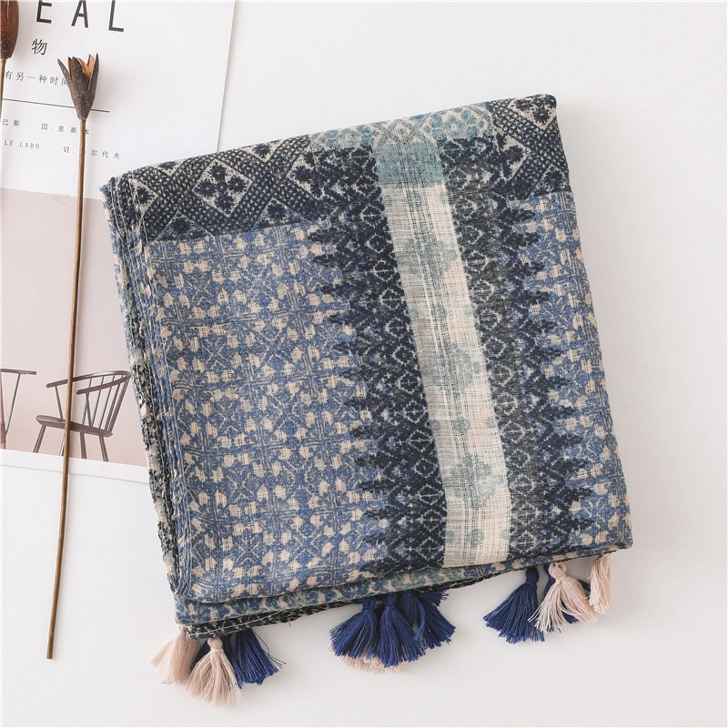 Wholesale Fashion Style Spring Autumn All-Match Custom Simple Elegant Plaid Literary Retro Cotton Linen Handmade Tassel Silk Lady Scarf