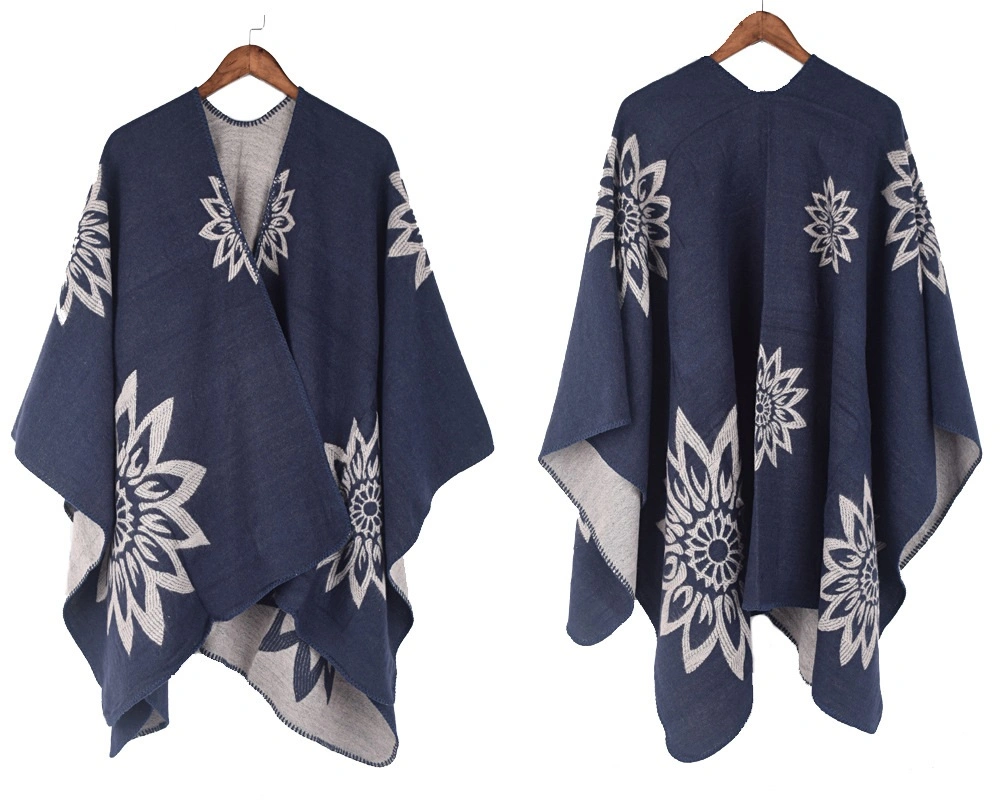 Winter Soft Floral Flower Scarf Shawls Warm Jacquard Poncho Split Women Cape