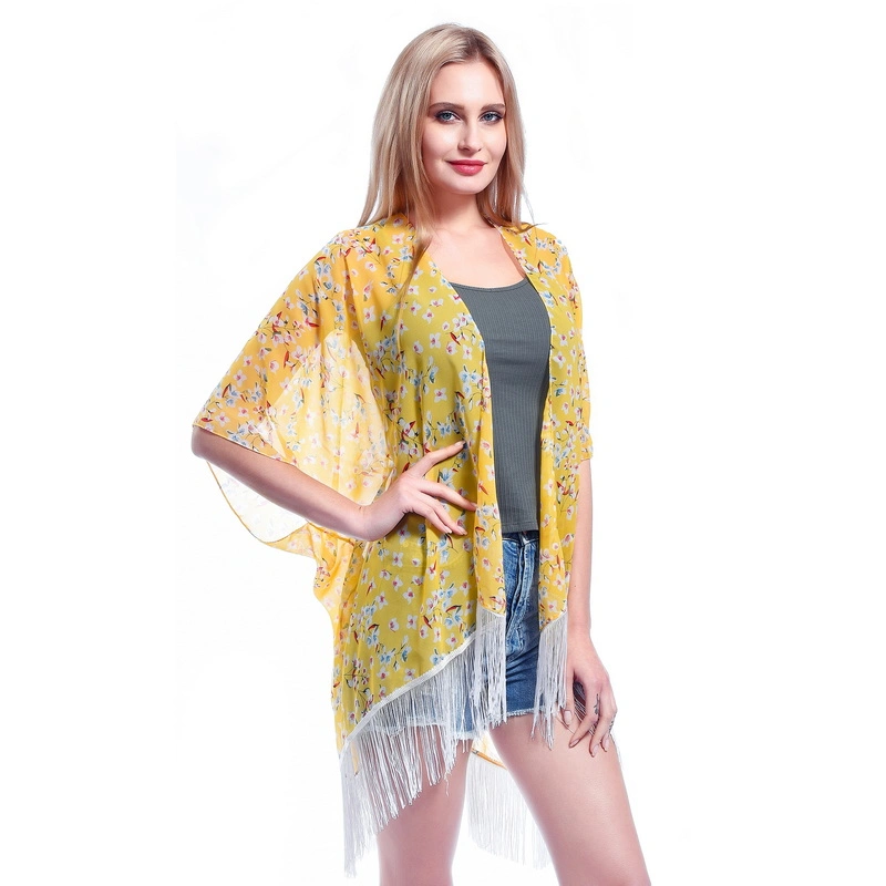 Lady Fashion Summer Sheer Poncho Cape Shawl with Tassel