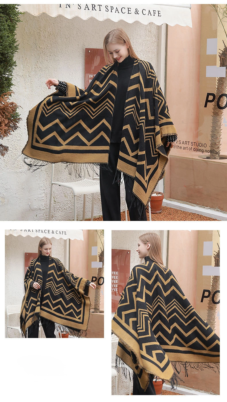 Latest Design Women Acrylic Knit Striped Pattern Cardigan Winter Cape Shawl Poncho