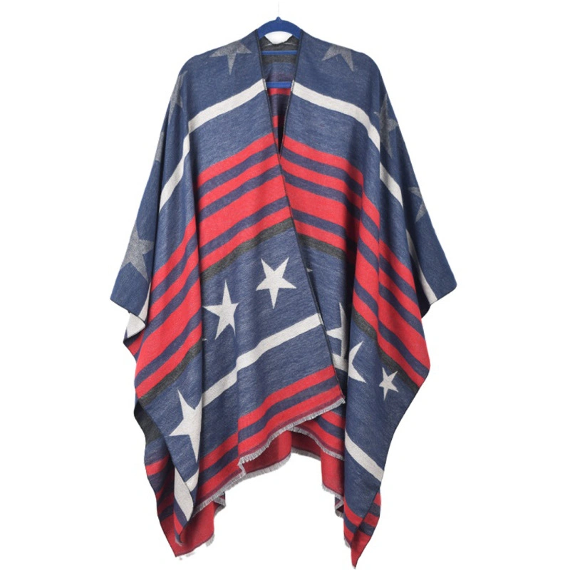 Winter Thick Striped Cape Women&prime;s Star Pattern Poncho Warm Split Shawl