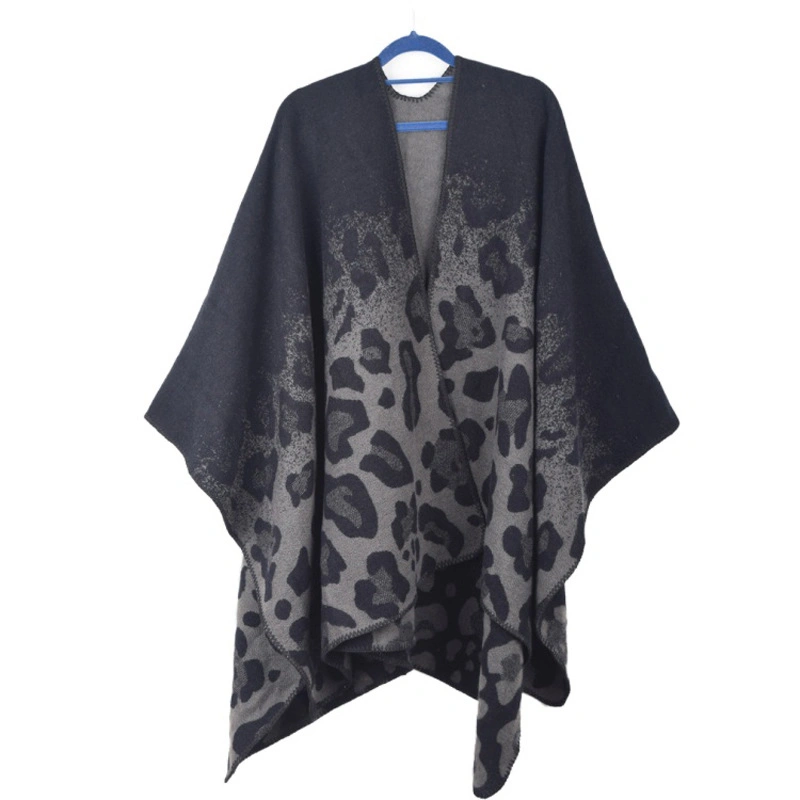 Stylish Polyester Poncho Winter Jacquard Scarf Shawl Leopard Pattern Women Cape